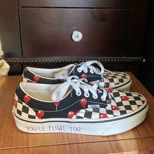 Vans Black and White Checkered Sneakers with Red Balloon Design